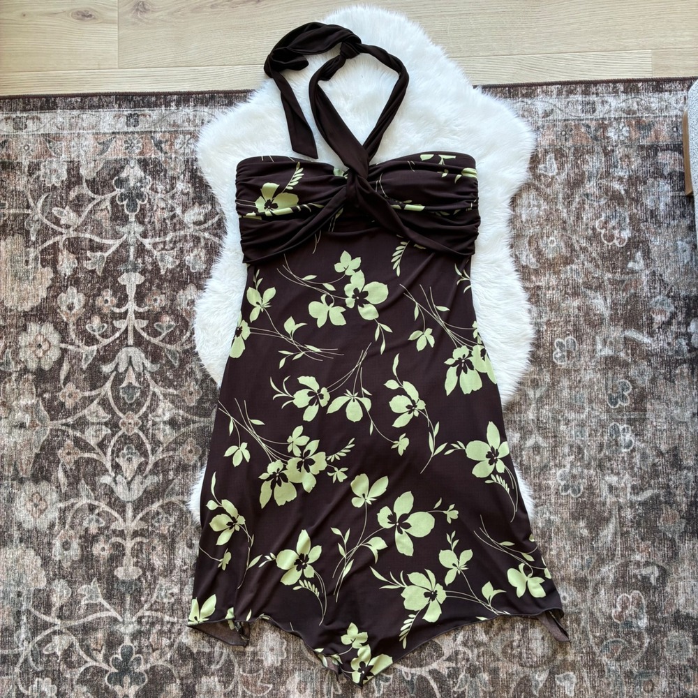 Studio Y Y2K Brown Lime Green Floral Halter Handkerchief Hem Ruched Dress L